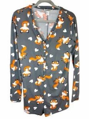 Women’s Gray Fox Print Long-Sleeve Pajama Romper